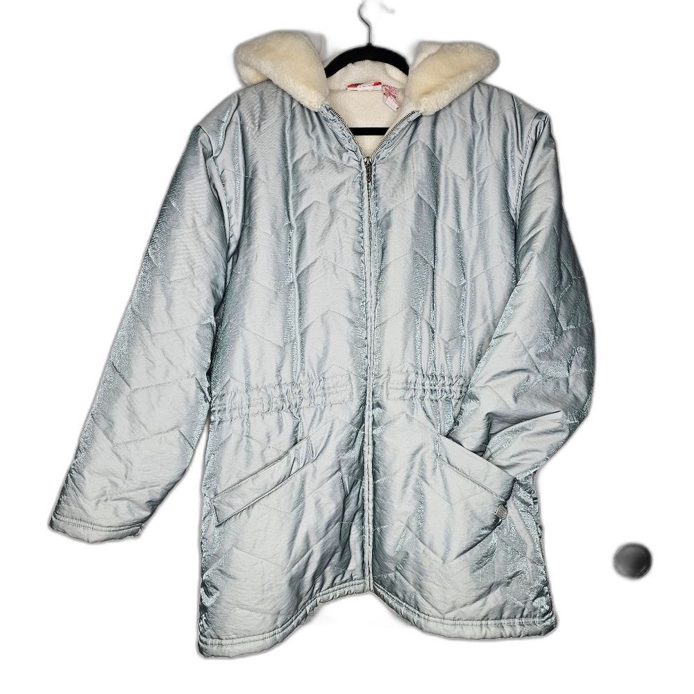 Vintage Liz Claiborne Metallic Ice Blue Long Parka Coat Faux Fur Collar Medium